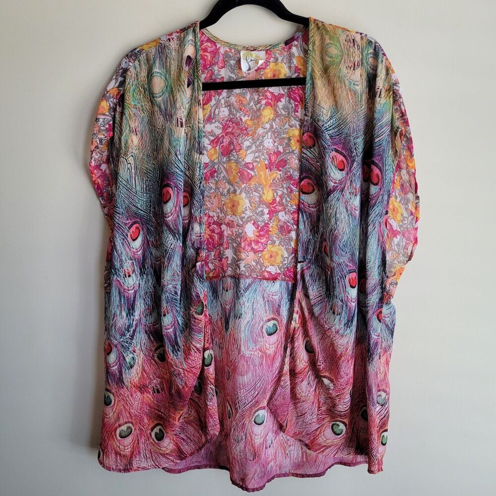 Fig and Flower Womens Kimono Blouse Plus Size 1x Floral Peacock Open Front Sheer